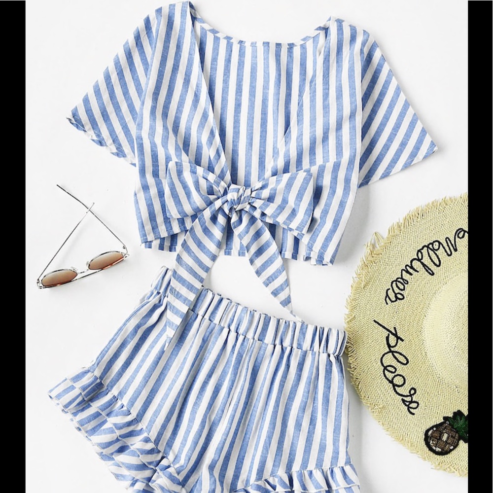 Shein plunging bow tie top and ruffle shorts set